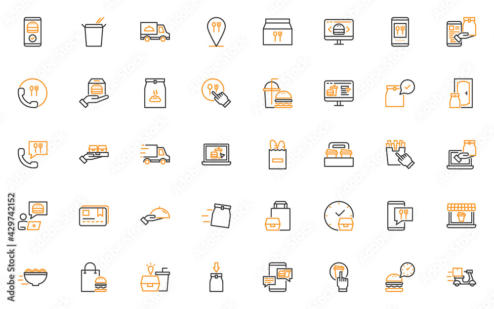 set of food delivery thin line icons, restaurant, order, fast food, take away set of food delivery thin line icons, restaurant, order, fast food, take away
