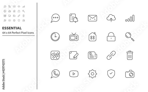 set of essential thin line icons, app, business, communication, social media