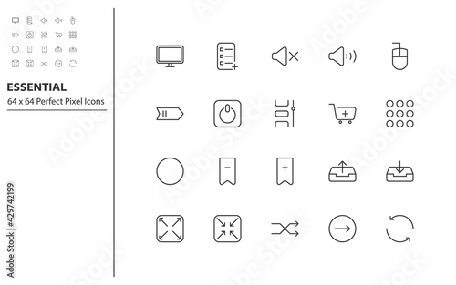 set of essential thin line icons, app, business, communication, social media