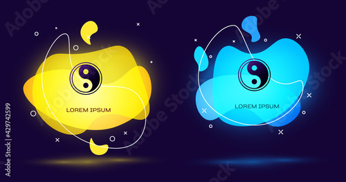Black Yin Yang symbol of harmony and balance icon isolated on black background. Abstract banner with liquid shapes. Vector Illustration