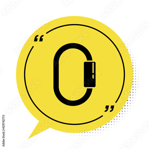 Black Carabiner icon isolated on white background. Extreme sport. Sport equipment. Yellow speech bubble symbol. Vector Illustration