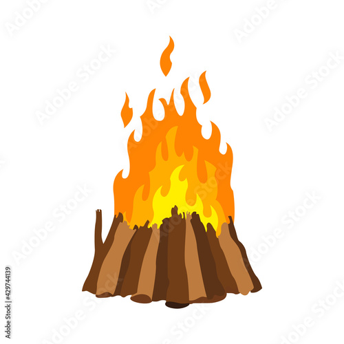 Fireplace campfire. Burning fire travel and adventure symbol. Vector bonfire or woodfire in cartoon flat style. A tourist bonfire in the form of stack hut pyramid well blazing with yellow-red fire