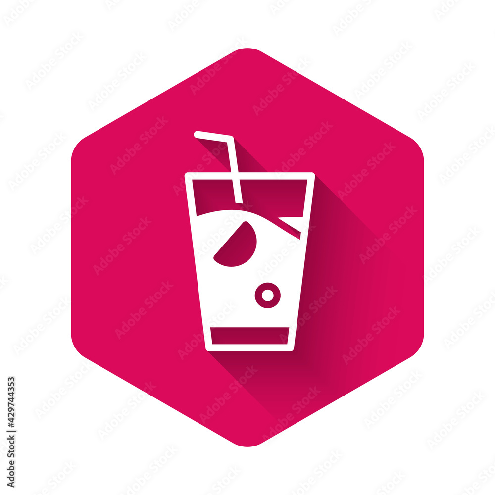 White Fresh smoothie icon isolated with long shadow. Pink hexagon button. Vector White Fresh smoothie icon isolated with long shadow. Pink hexagon button. Vector