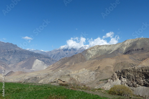 Nepal Himalayan mountains in Kali Gandaki valley. Majestic Himalayas landscape in spring season. Magnificent Mustang region in Nepal. Annapurna mountain range. Awesome Dhaulagiri mount.