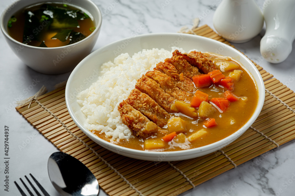 fried pork cutlet curry with rice on dark background fried pork cutlet curry with rice on dark background