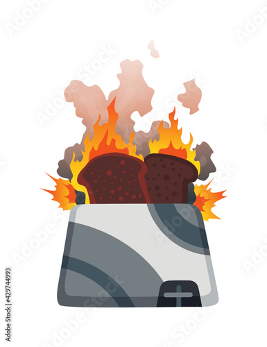 Broken home appliances. Damaged toaster. Domestic icon isolated on white. Burning electronic. Homeappliances or burnt electrical household equipment in fire