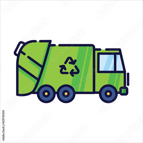 Illustration of the garbage truck. Filled-outline icon of the recycle truck.
