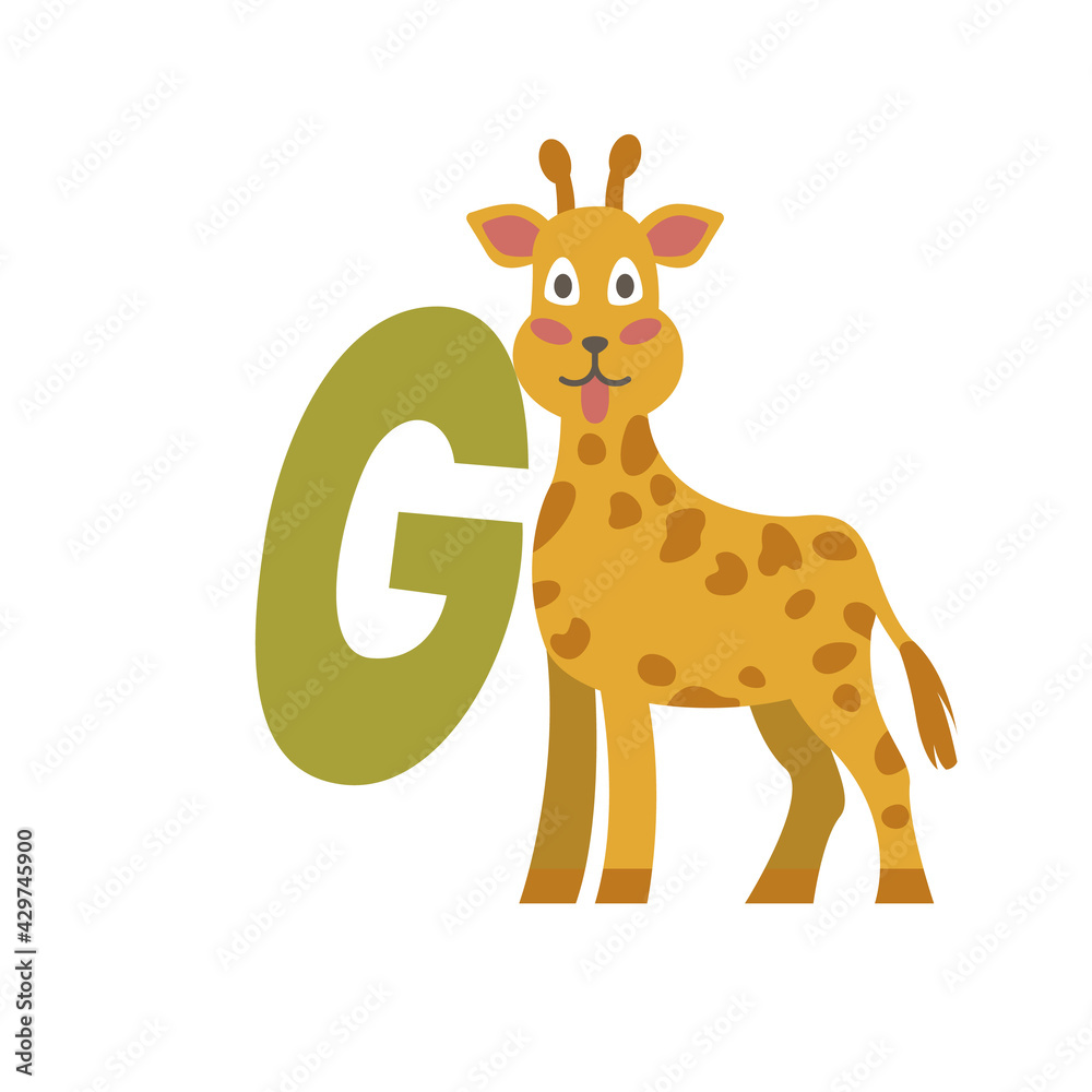 Giraffe animal alphabet symbol. English letter G isolated on white background. Funny hand drawn style character. Learn kids to read with cute toy illustration Giraffe animal alphabet symbol. English letter G isolated on white background. Funny hand drawn style character. Learn kids to read with cute toy illustration