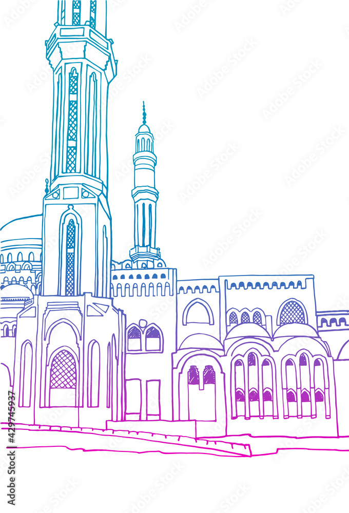 Nice muslim mosque in Egypt. Beautiful Egyptian landscape. Hand drawn colourful sketch. Urban background on white.