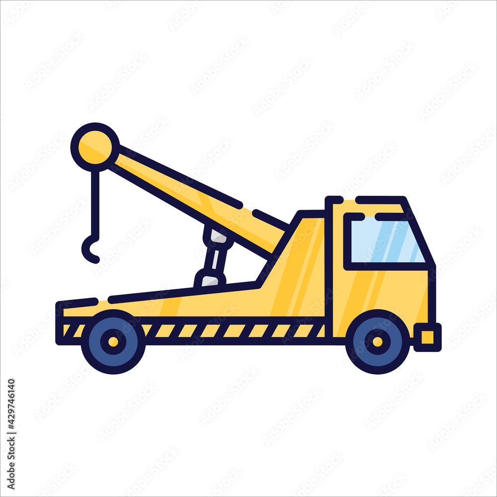 Illustration of the tow truck. Filled-outline icon of the tow truck