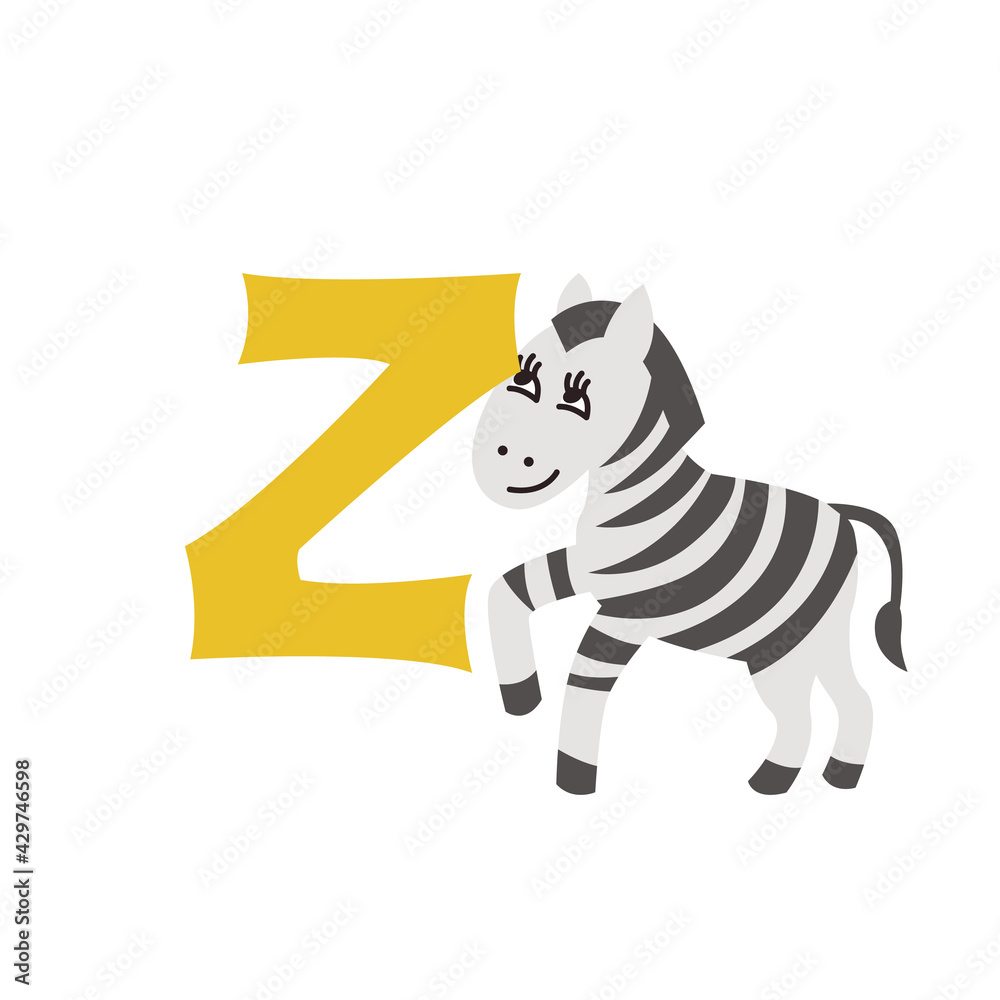 Fototapeta premium Zebra animal alphabet symbol. English letter Z isolated on white background. Funny hand drawn style character. Learn kids to read with cute toy illustration