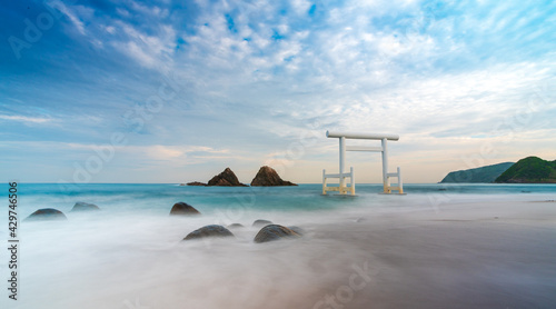 Sakurai Futamigaura's sacred Couple Stones view from de beach in Itoshima, Fukuoka, Japan scenic landscape photo