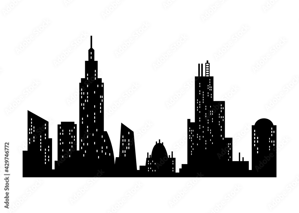 Cityscape silhouette. Monochrome panoramic view. Modern urban landscape. Horizontal urban night town. City building silhouette