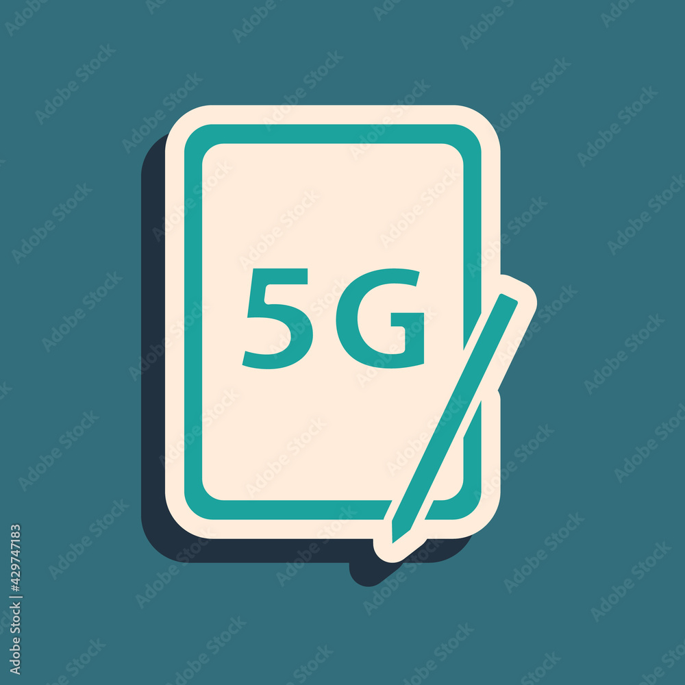 Green Graphic tablet with 5G wireless internet wifi icon isolated on green background. Global network high speed connection data rate technology. Long shadow style. Vector Green Graphic tablet with 5G wireless internet wifi icon isolated on green background. Global network high speed connection data rate technology. Long shadow style. Vector