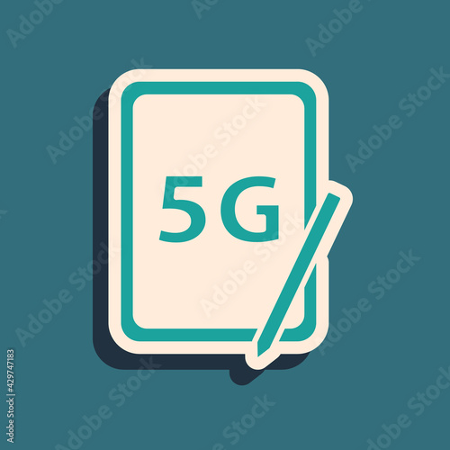 Green Graphic tablet with 5G wireless internet wifi icon isolated on green background. Global network high speed connection data rate technology. Long shadow style. Vector