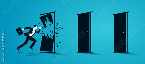 vector illustration of businessman breaking the door. describe challenge, obstacles, ambition, take a risk and danger. business concept illustration