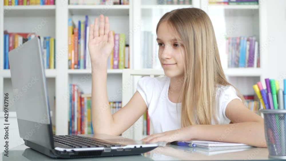 Girl Using Laptop Studying in Video Conferencing, Kid Learning on Computer Desktop, Child Chatting Online in Coronavirus Pandemic Girl Using Laptop Studying in Video Conferencing, Kid Learning on Computer Desktop, Child Chatting Online in Coronavirus Pandemic