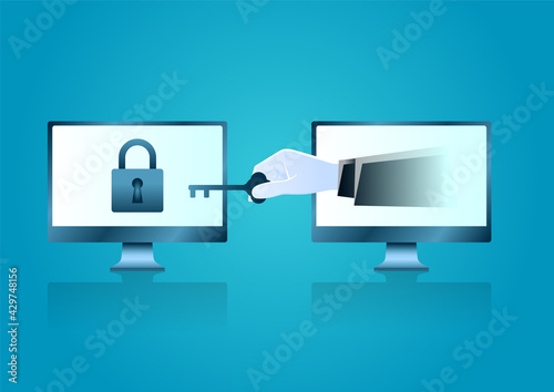 vector illustration of big hand holding a key try login into another computer. describe phishing scam, spam, malware, hacker attack, thief, and web security concept