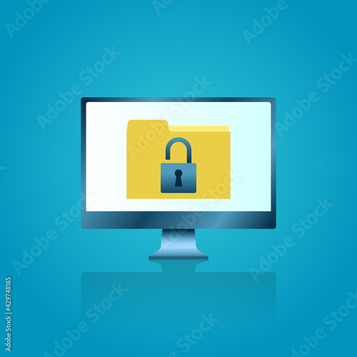 vector illustration of unlock document folder from computer. describe phishing scam, spam, malware, hacker attack, thief, and web security concept