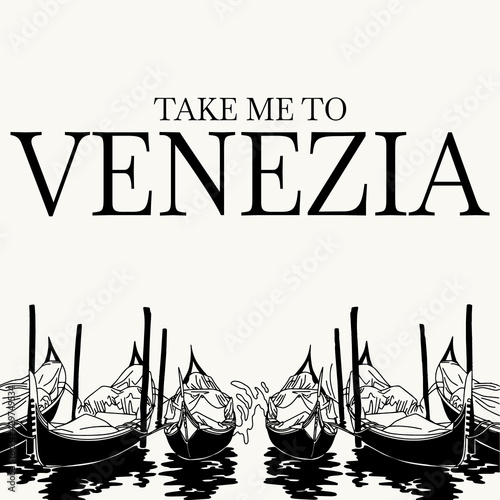 Take me to Venezia. Vector hand drawn surrealistic illustration of girl with the gondolas in Venice. Template for card, poster, banner, print for t-shirt, pin, badge, patch.