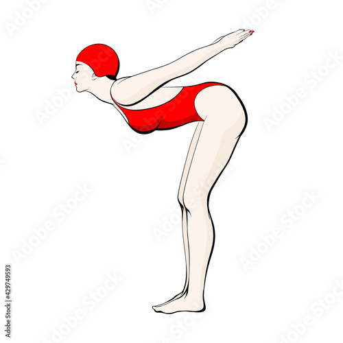 Vector hand drawn   illustration of girl in red swim cap and swimsuit isolated. Creative realistic artwork.  Template for card, poster, banner, print for t-shirt, pin, badge, patch.
