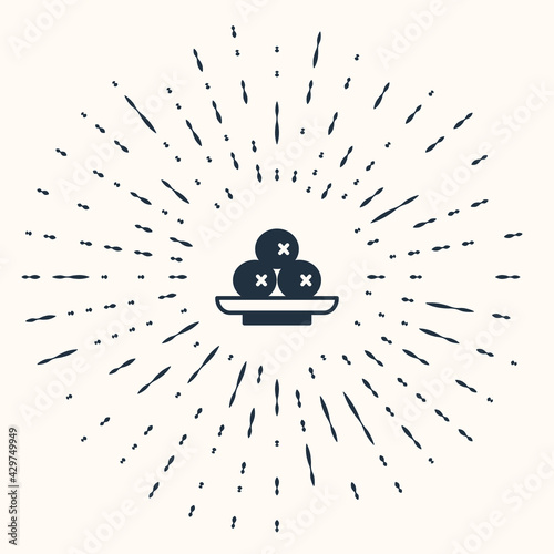 Grey Olives on plate icon isolated on beige background. Abstract circle random dots. Vector