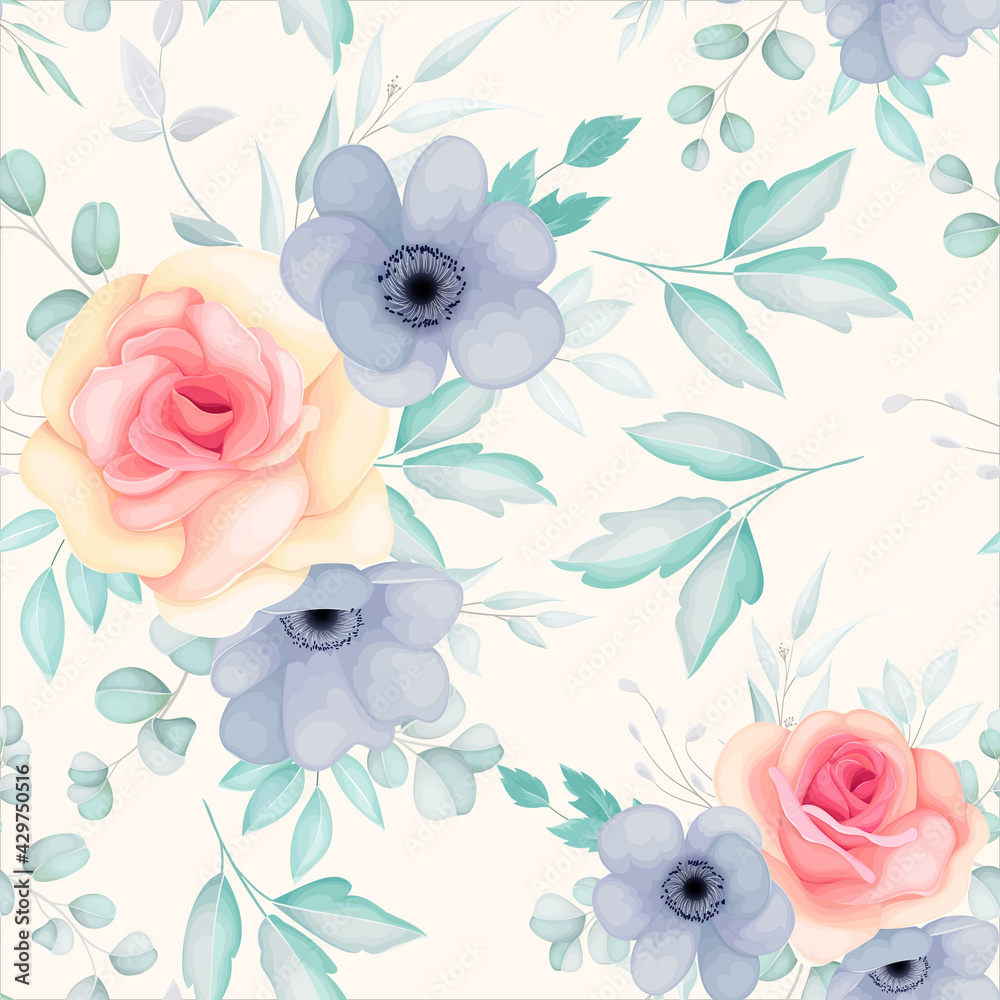 Fototapeta premium Seamless pattern with spring flowers and leaves