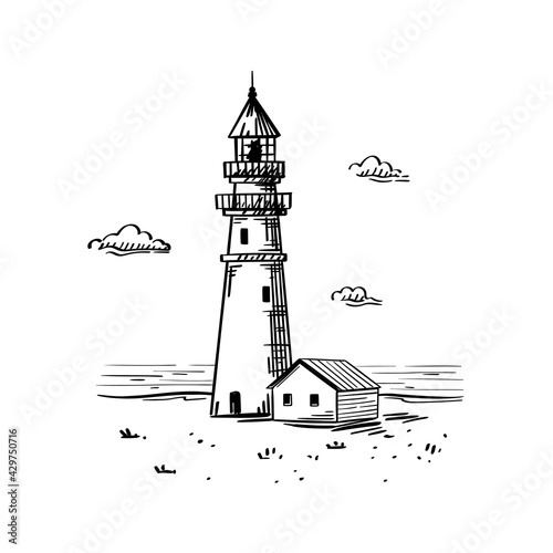 Hand drawn vector sketch of old lighthouse on the sea shore. Cloudy day, waves to the horizon