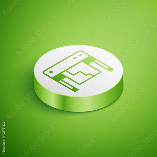 Isometric Plotter icon isolated on green background. Large format multifunction printer. Polygraphy, printshop service. White circle button. Vector