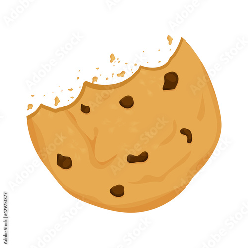 Cookie with chocolate crisps bitten, broken, cookie crumbs in cartoon flat style isolated on white background. Snack bake, traditional bakery or desert.