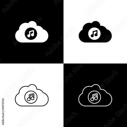 Set Music streaming service icon isolated on black and white background. Sound cloud computing, online media streaming, song, audio wave. Vector