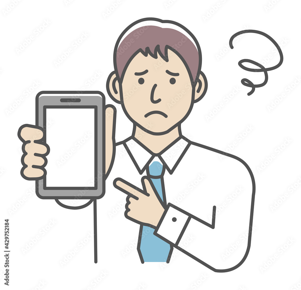Young businessman showing smartphone display vector illustration ( trouble, worried )