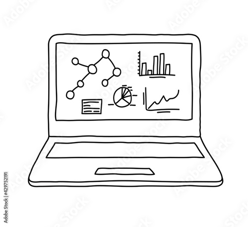 Laptop computer displaying statistics and analytics data in hand drawn doodle sketch style. Unfilled outline only with no background.