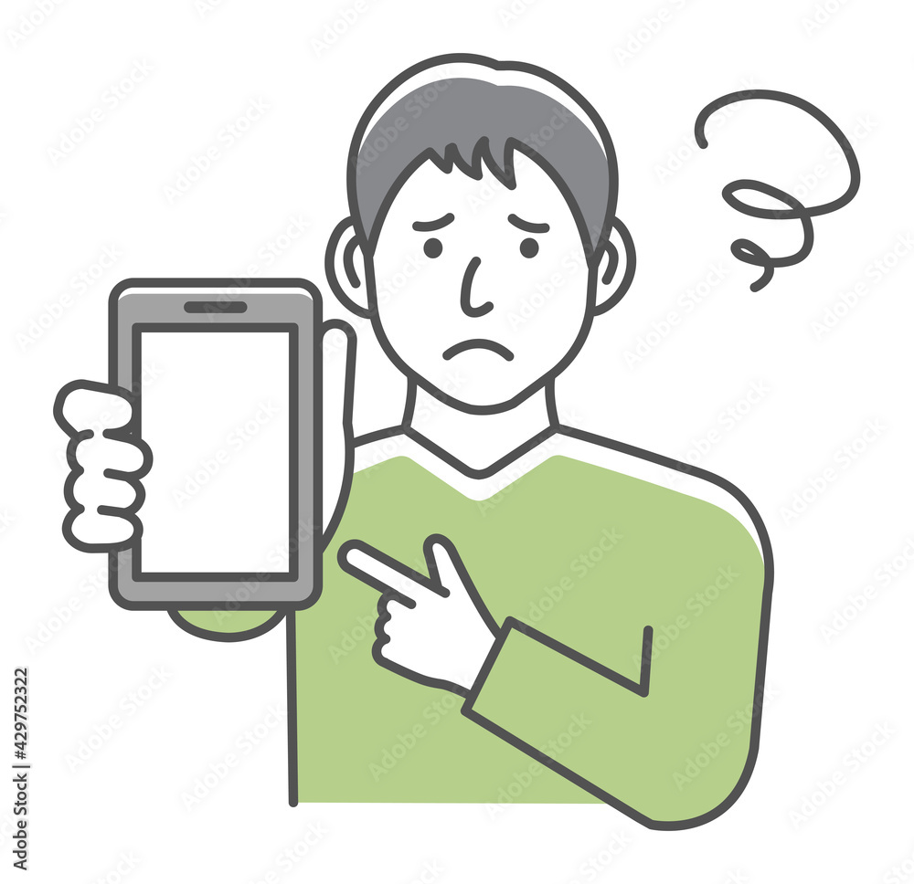 Young man showing smartphone display vector illustration ( trouble, worried )