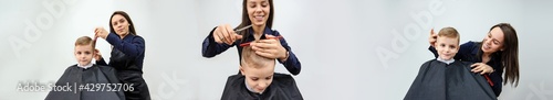 Boy/child kid, sitting in the hairdressing salon