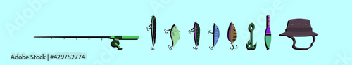set of fishing cartoon icon design template with various models. vector illustration isolated on blue background