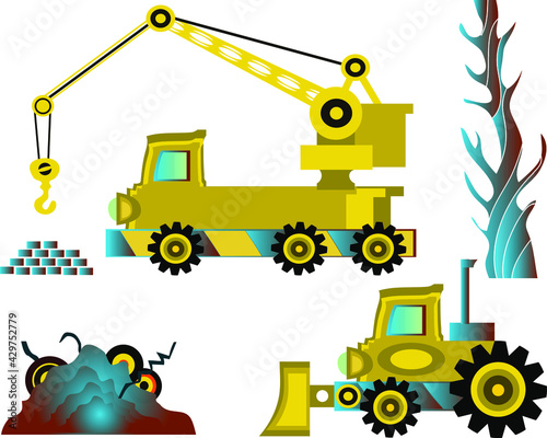 Yellow retro truck crane and tractor. Use it for illustrations and icons. 