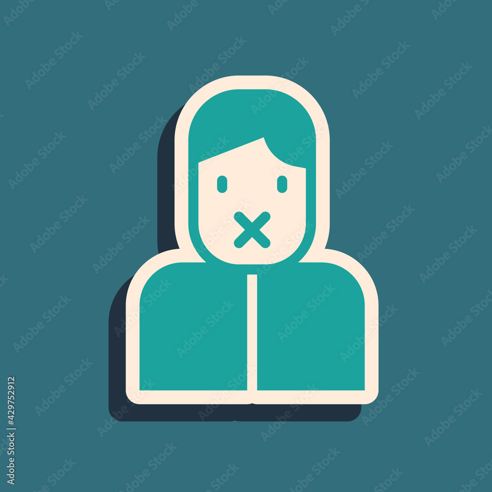 Green Censor and freedom of speech concept icon isolated on green background. Media prisoner and human rights concept. Tied mouth. Long shadow style. Vector Green Censor and freedom of speech concept icon isolated on green background. Media prisoner and human rights concept. Tied mouth. Long shadow style. Vector