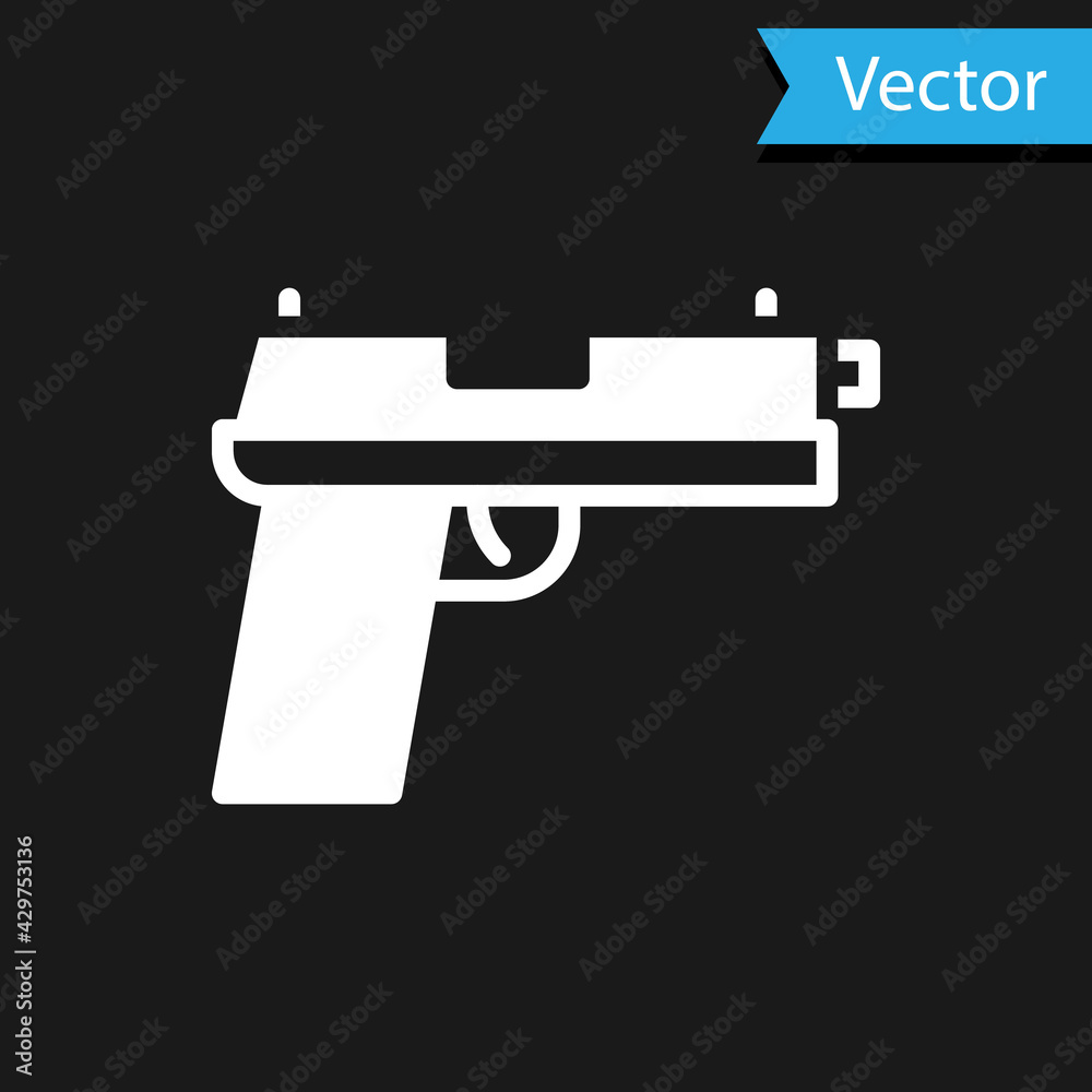 White Pistol or gun icon isolated on black background. Police or military handgun. Small firearm. Vector White Pistol or gun icon isolated on black background. Police or military handgun. Small firearm. Vector