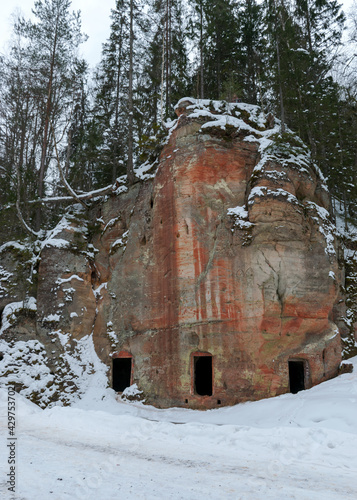 landscape with Anfabrikas rock Ligatne, artificial caves in the rock wall, all covered with snow, Ligatne, Latvia photo