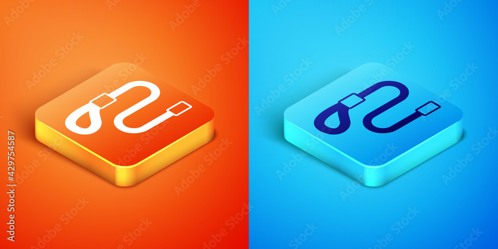 Isometric Retractable cord leash with carabiner icon isolated on orange and blue background. Pet dog lead. Animal accessory for outdoors walk. Vector Isometric Retractable cord leash with carabiner icon isolated on orange and blue background. Pet dog lead. Animal accessory for outdoors walk. Vector
