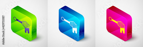 Isometric Honey dipper stick with dripping honey icon isolated on grey background. Honey ladle. Square button. Vector