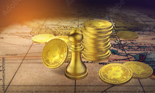 Golden bitcoins of stacks with chess on dark background with Currency of Business and Finance concept in 3D illustration.