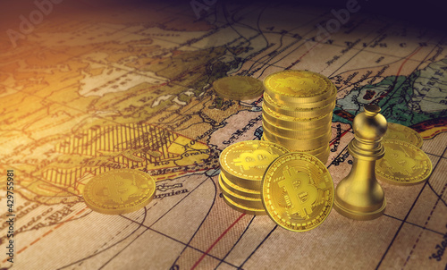 Golden bitcoins of stacks with chess on dark background with Currency of Business and Finance concept in 3D illustration.