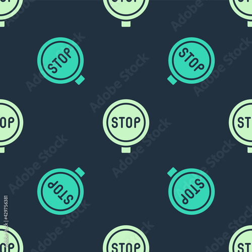 Green and beige Stop sign icon isolated seamless pattern on blue background. Traffic regulatory warning stop symbol. Vector