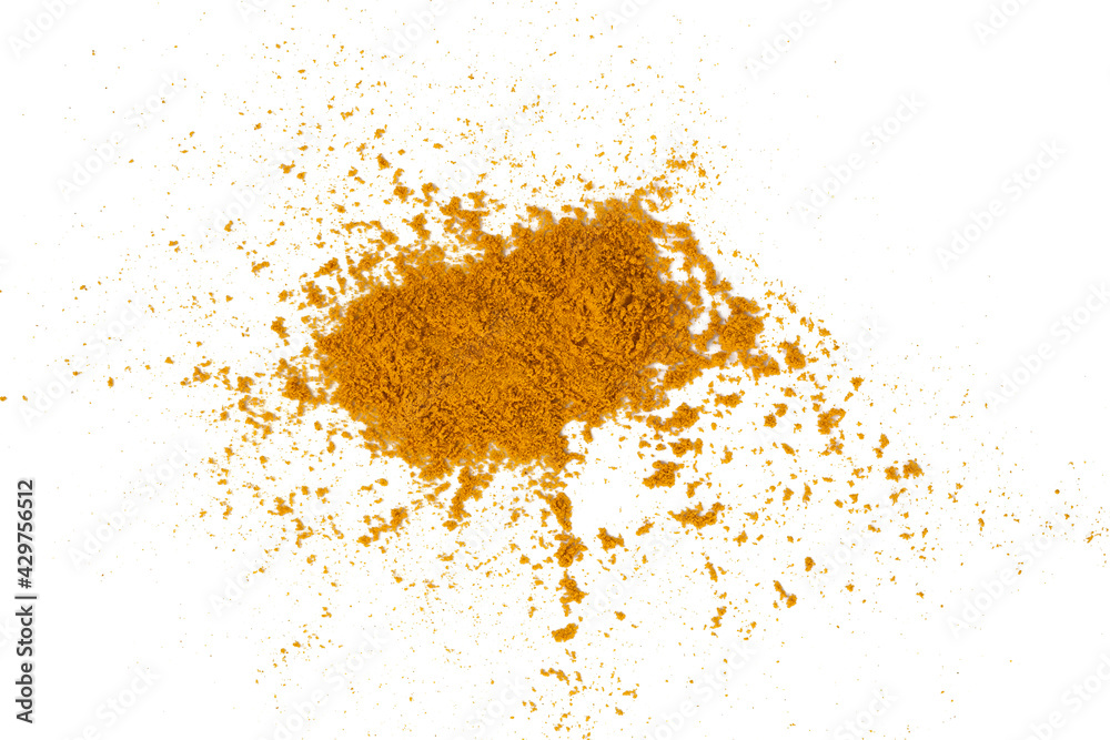 Turmeric powder spice pile isolated on white background. Top view. Turmeric powder spice pile isolated on white background. Top view.
