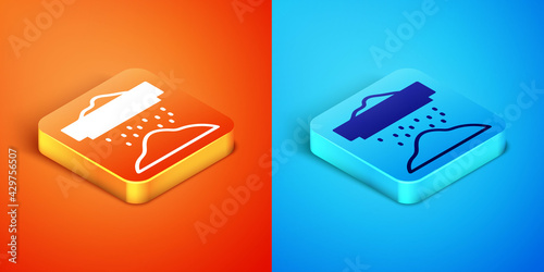 Isometric Sifting flour, cereals or powdered sugar through sieve icon isolated on orange and blue background. Vector