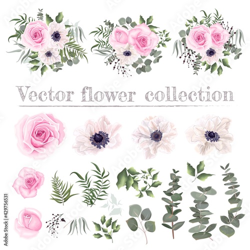 Vector Floral Set. Pink roses, white anemones, berries, eucalyptus, green plants and leaves. All elements of the bouquets are isolated on a white background.