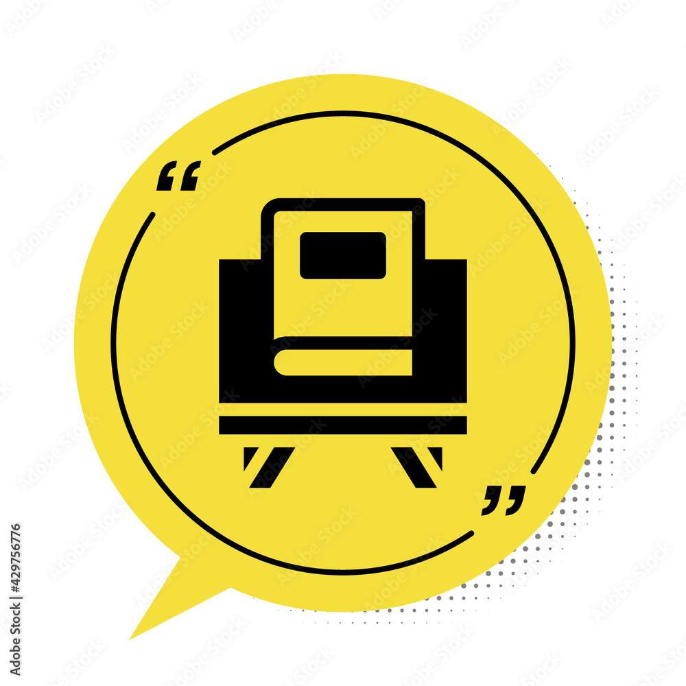 Black Holy book of Koran icon isolated on white background. Muslim holiday, Eid Mubarak, Eid al-fitr, Ramadan Kareem. Yellow speech bubble symbol. Vector Black Holy book of Koran icon isolated on white background. Muslim holiday, Eid Mubarak, Eid al-fitr, Ramadan Kareem. Yellow speech bubble symbol. Vector