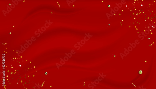Red silk draped fabric background with gold pearls or randomly scattered shiny spheres. Luxurious red silk background with gold glitter and sparkle. Realistic 3d vector illustration EPS10